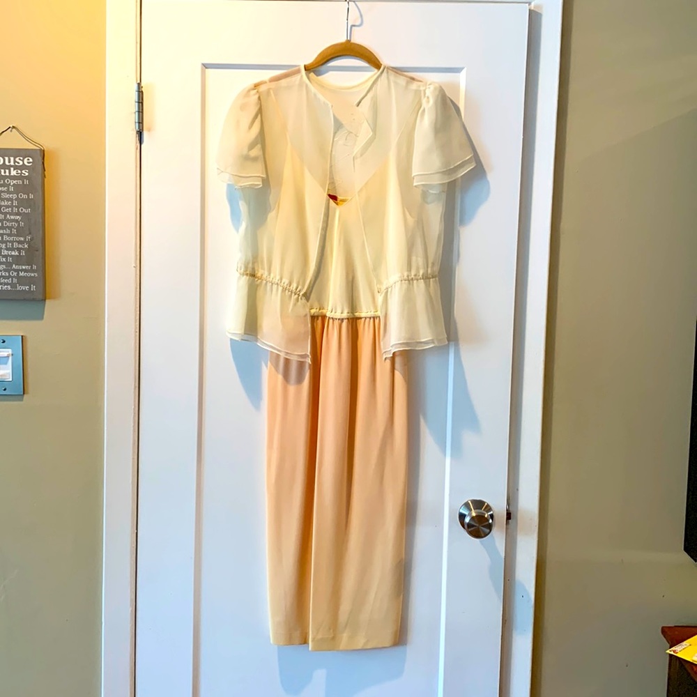 Vintage 1970s 2 piece dress w/ sheer short sleeve jacket. Pristine condition.